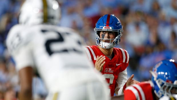 Oct 28, 2023; Oxford, Mississippi, USA; Mississippi Rebels quarterback Jaxson Dart (2) signals prior to the snap during the first half against the Vanderbilt Commodores at Vaught-Hemingway Stadium. Mandatory Credit: Petre Thomas-USA TODAY Sports
